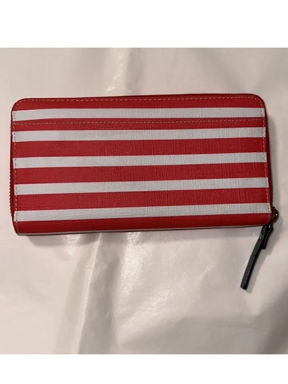 kate spade White Coral Pink Stripe Zip Around Leather Wallet